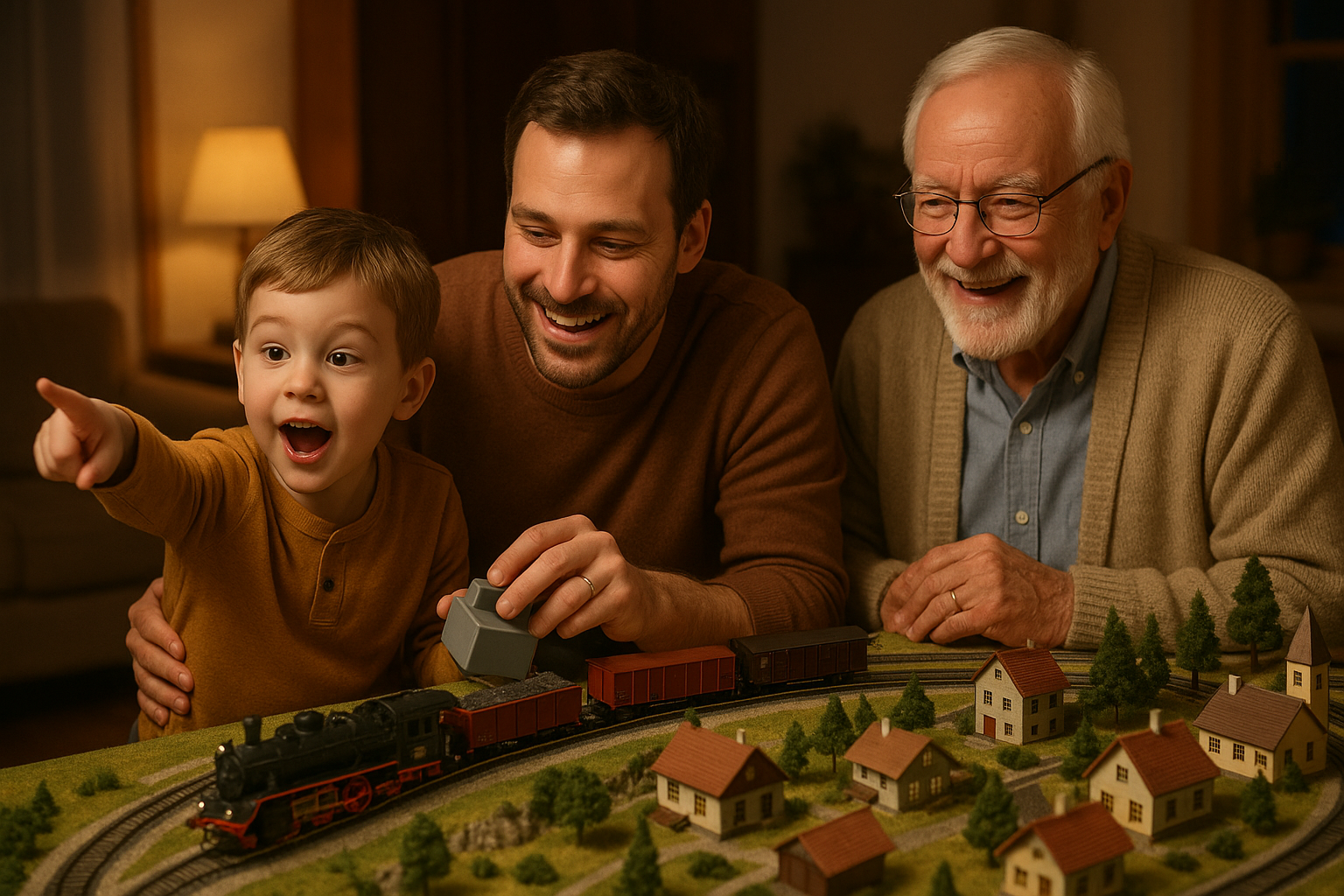3 personnes jouant avec un train miniature  , il faut un enfant , un peer de famille et un papi 