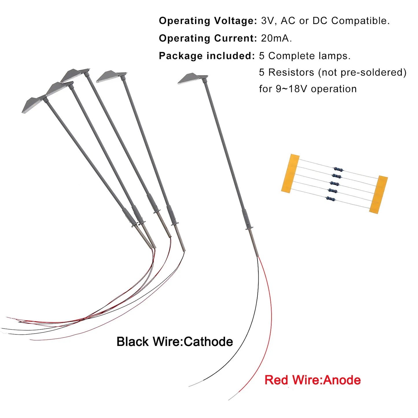 Lot de 5 Lampadaires HO 1:87 avec LED – Modèle Miniature Evemodel pour Décor Ferroviaire