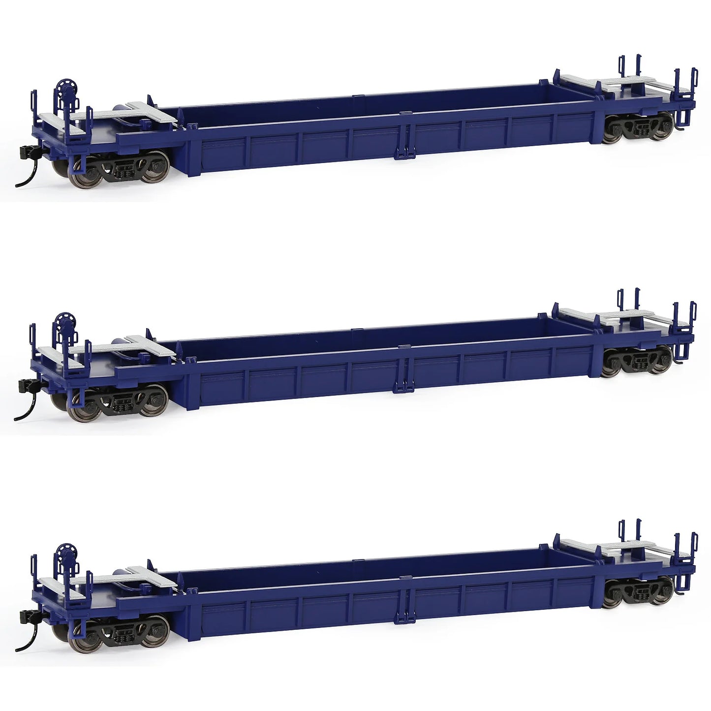 Lot de 3 Wagons Plats HO 1:87 – Modèle 40' Well Car pour Conteneurs et Dioramas Ferroviaires