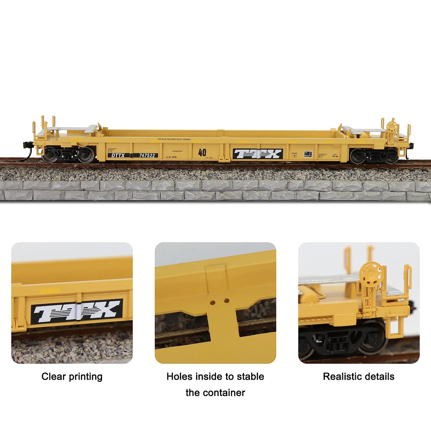 Lot de 3 Wagons Plats HO 1:87 – Modèle 40' Well Car pour Conteneurs et Dioramas Ferroviaires