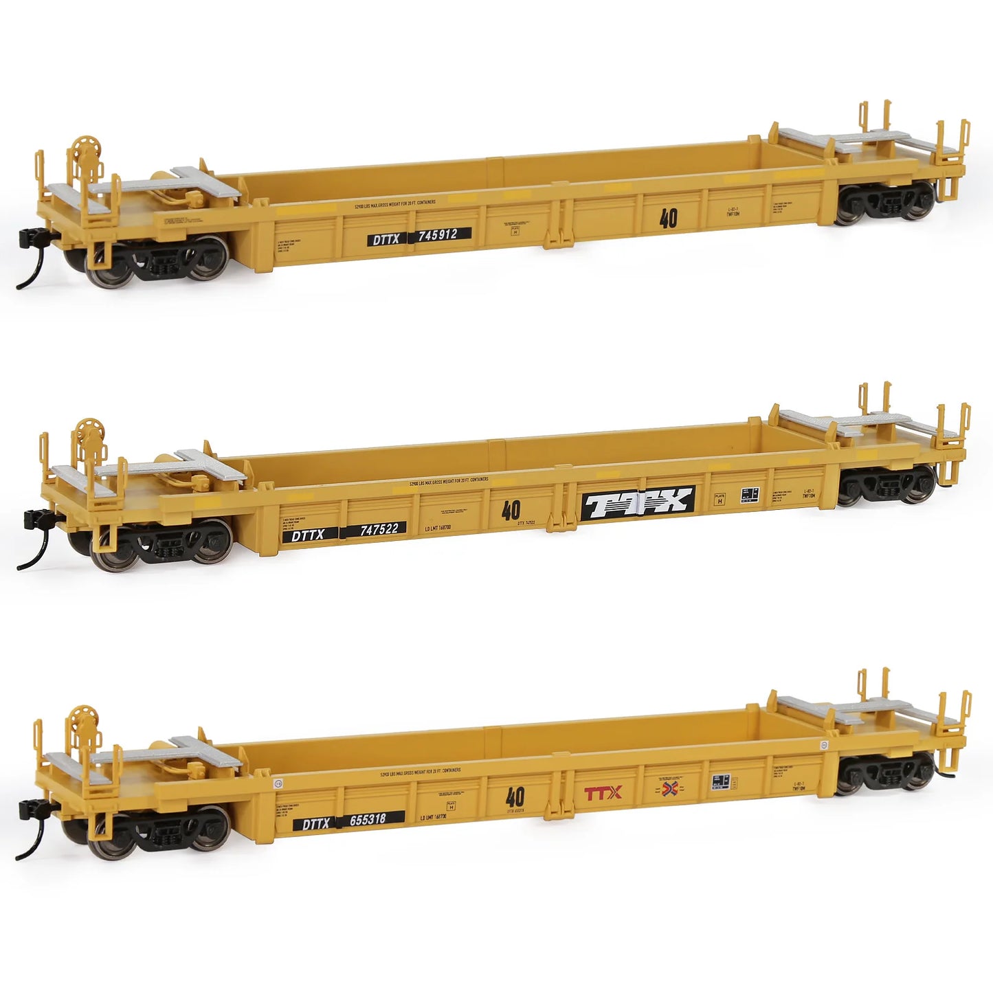 Lot de 3 Wagons Plats HO 1:87 – Modèle 40' Well Car pour Conteneurs et Dioramas Ferroviaires