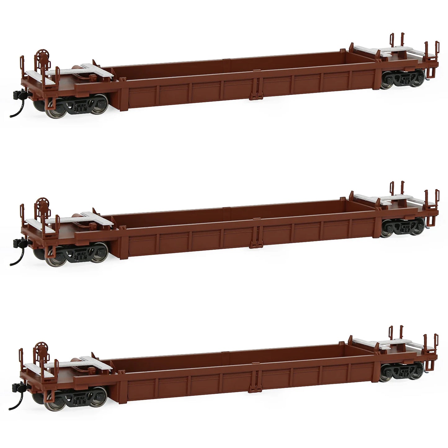 Lot de 3 Wagons Plats HO 1:87 – Modèle 40' Well Car pour Conteneurs et Dioramas Ferroviaires