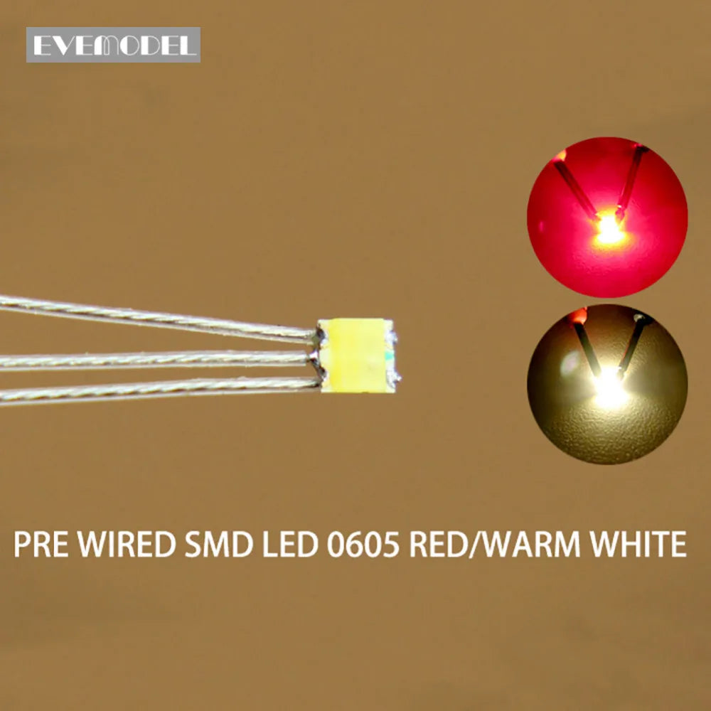Evemodel 20pcs LED SMD 0605 Bi-couleur Pré-câblées Rouge & Blanc Chaud – Micro-Fils PTFE pour Modélisme et Miniatures