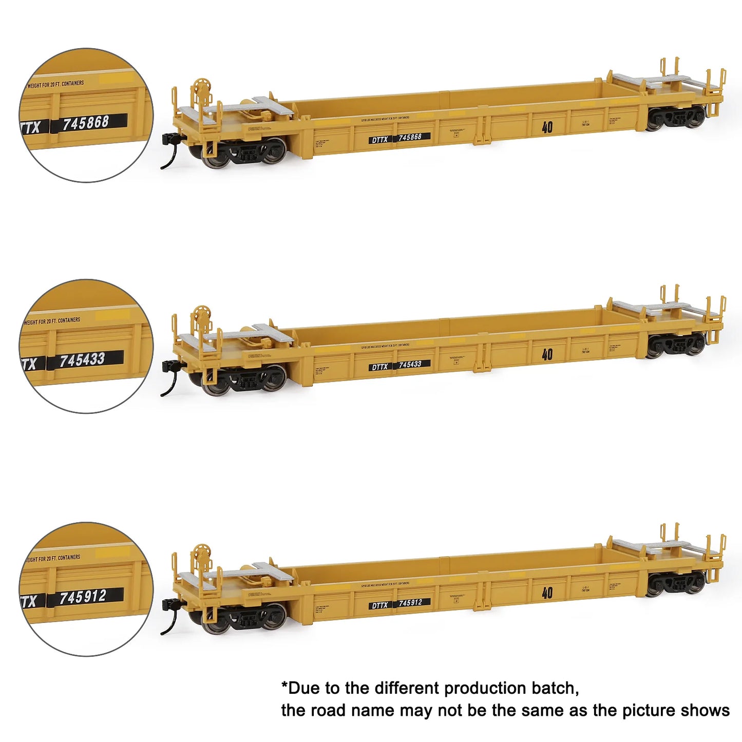 Lot de 3 Wagons Plats HO 1:87 – Modèle 40' Well Car pour Conteneurs et Dioramas Ferroviaires